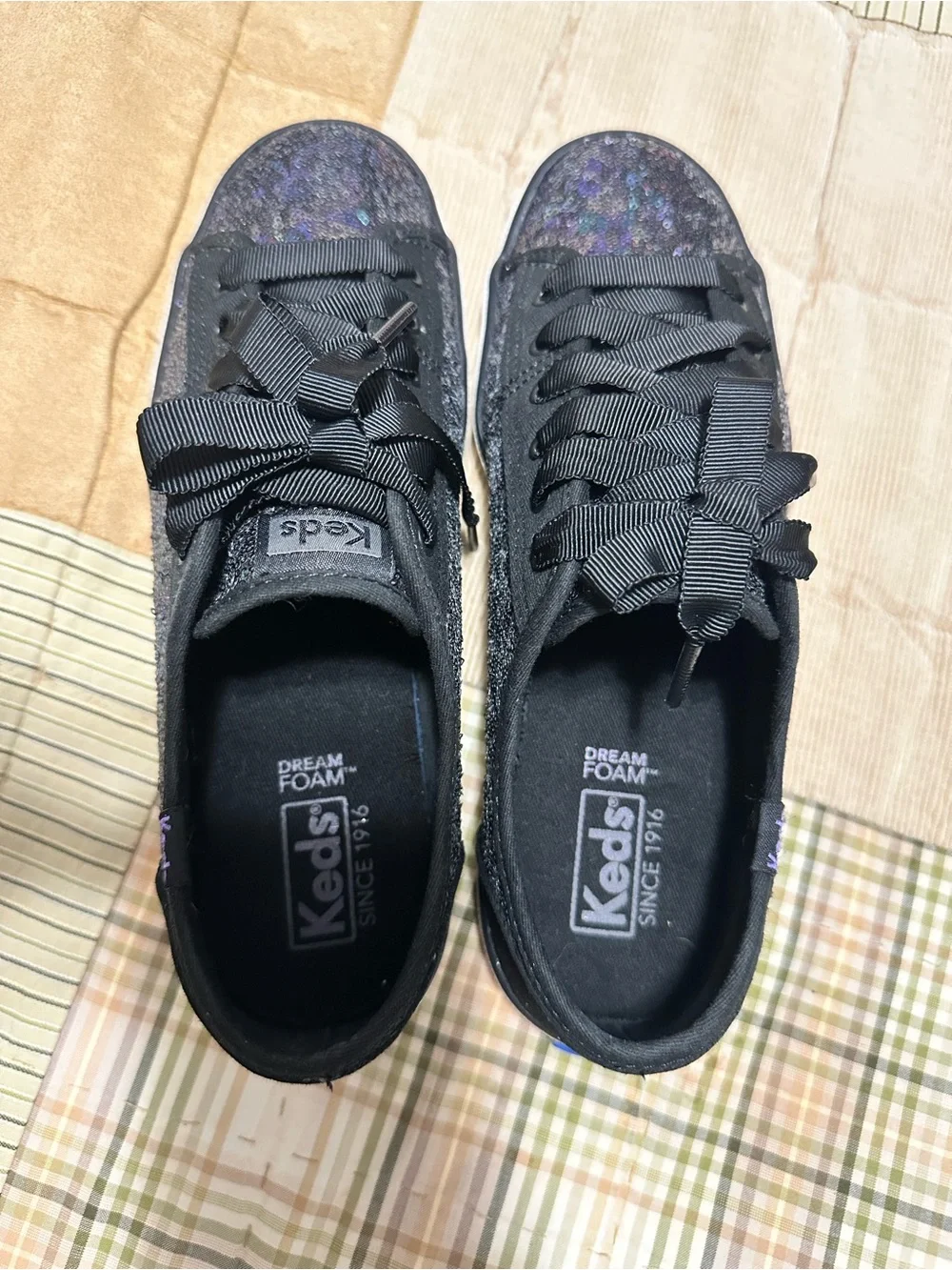 Keds Kids Black Iridescent Sequin Ribbon Lace Sneakers